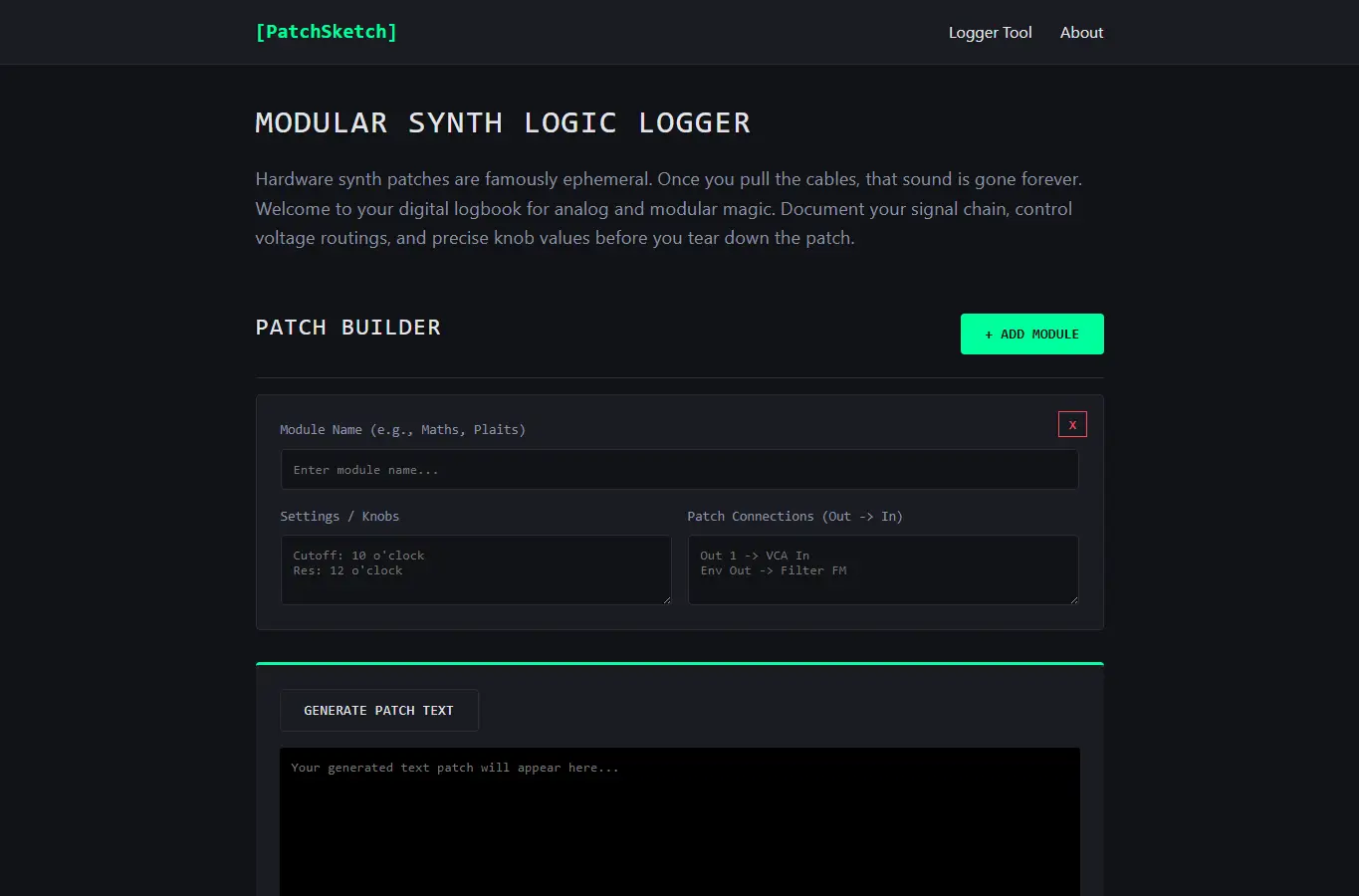 Screenshot of PatchSketch: Synth Logic Logger interface showing the project page in use
